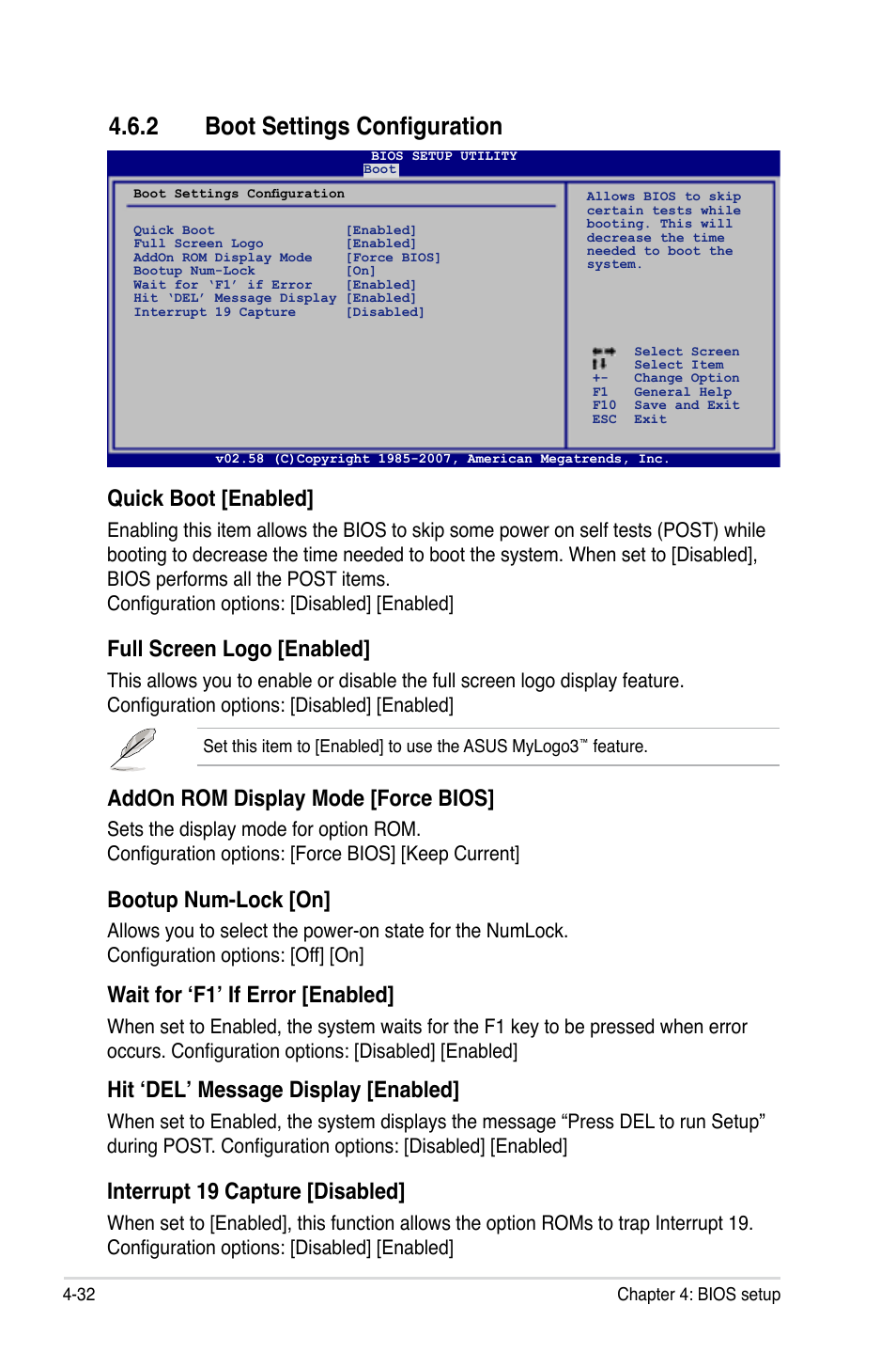 2 boot settings configuration, Quick boot [enabled, Full screen logo [enabled | Addon rom display mode [force bios, Bootup num-lock [on, Wait for ‘f1’ if error [enabled, Hit ‘del’ message display [enabled, Interrupt 19 capture [disabled | Asus P5E-V HDMI User Manual | Page 104 / 162