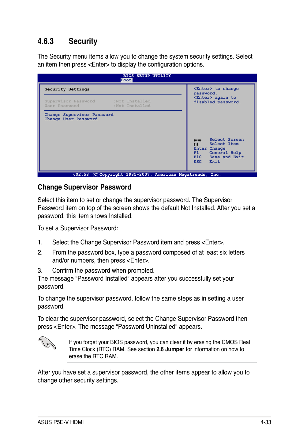 3 security, Change supervisor password | Asus P5E-V HDMI User Manual | Page 105 / 162