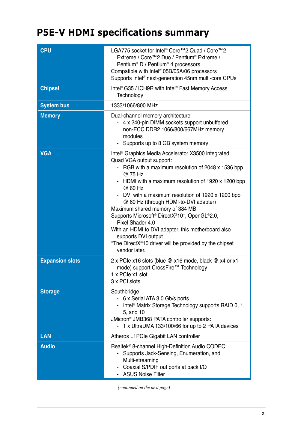 P5e-v hdmi specifications summary | Asus P5E-V HDMI User Manual | Page 11 / 162