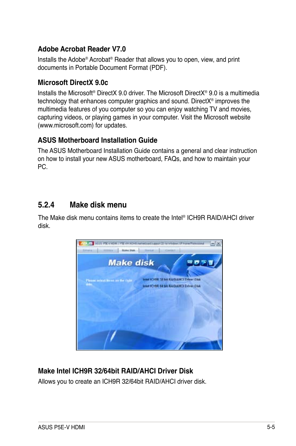 4 make disk menu, Adobe acrobat reader v7.0, Microsoft directx 9.0c | Asus motherboard installation guide | Asus P5E-V HDMI User Manual | Page 117 / 162