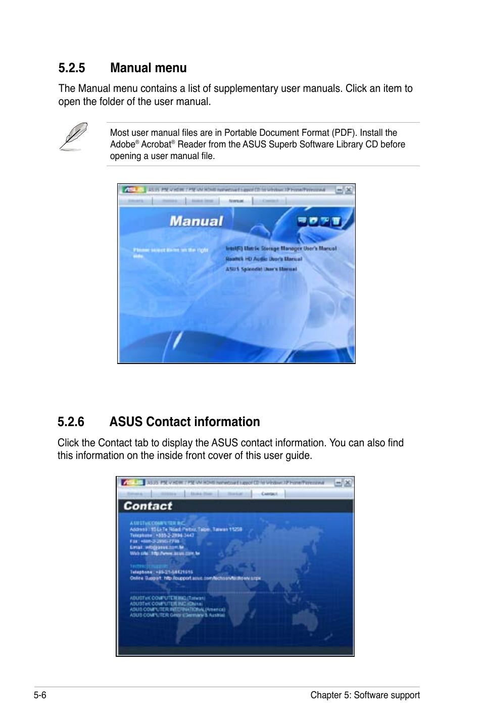 5 manual menu, 6 asus contact information | Asus P5E-V HDMI User Manual | Page 118 / 162