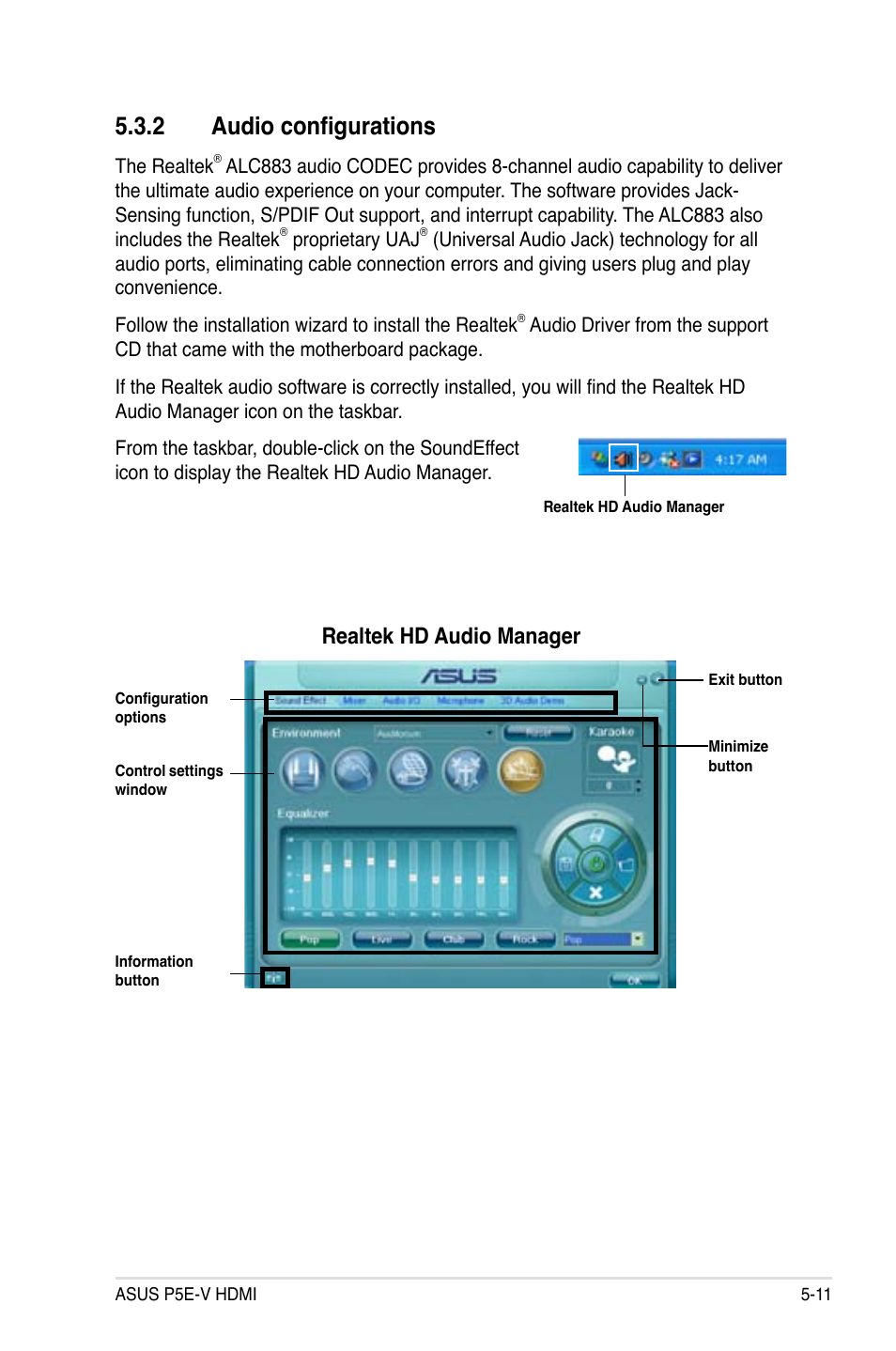 2 audio configurations, Realtek hd audio manager | Asus P5E-V HDMI User Manual | Page 123 / 162