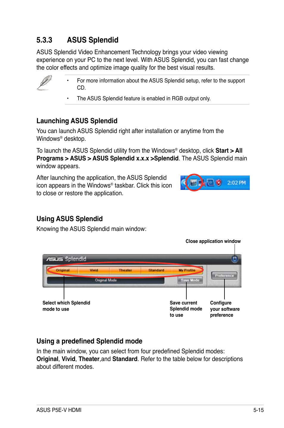 3 asus splendid, Launching asus splendid, Using asus splendid | Using a predefined splendid mode | Asus P5E-V HDMI User Manual | Page 127 / 162