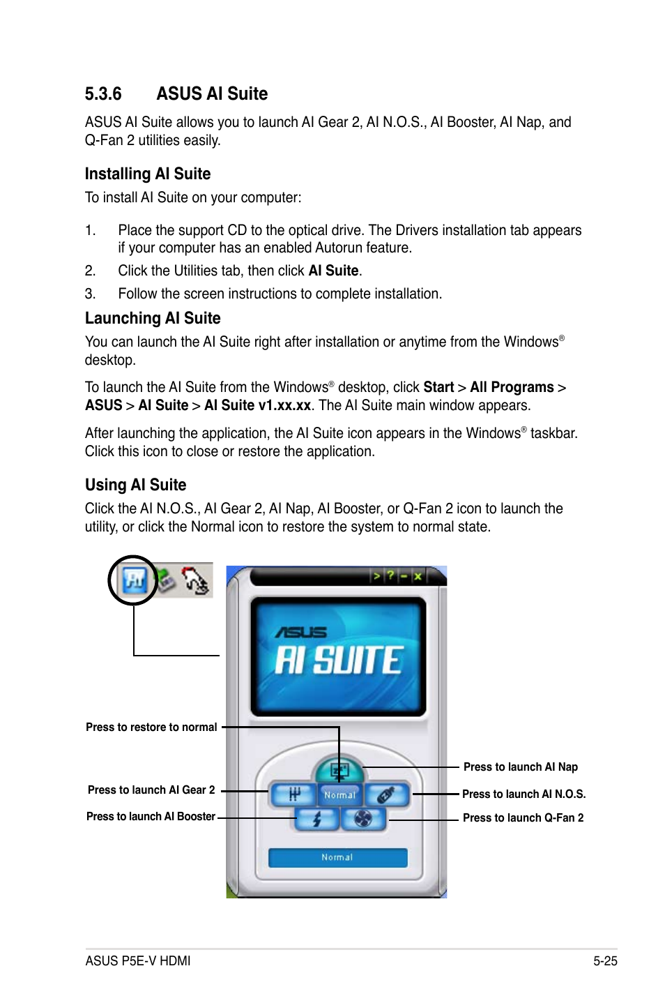 6 asus ai suite, Installing ai suite, Launching ai suite | Using ai suite | Asus P5E-V HDMI User Manual | Page 137 / 162