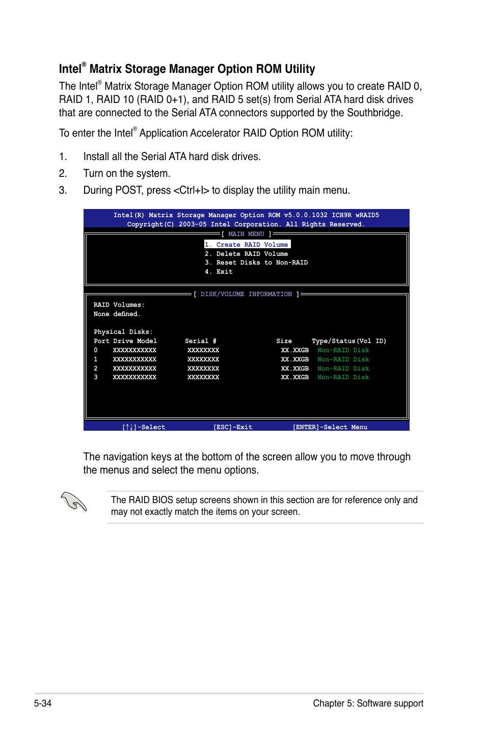 Intel, Matrix storage manager option rom utility, The intel | Asus P5E-V HDMI User Manual | Page 146 / 162