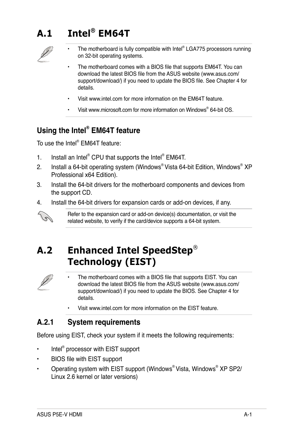 A.1 intel, Em64t, A.2 enhanced intel speedstep | Technology (eist), Using the intel, Em64t feature, A.2.1 system requirements | Asus P5E-V HDMI User Manual | Page 159 / 162