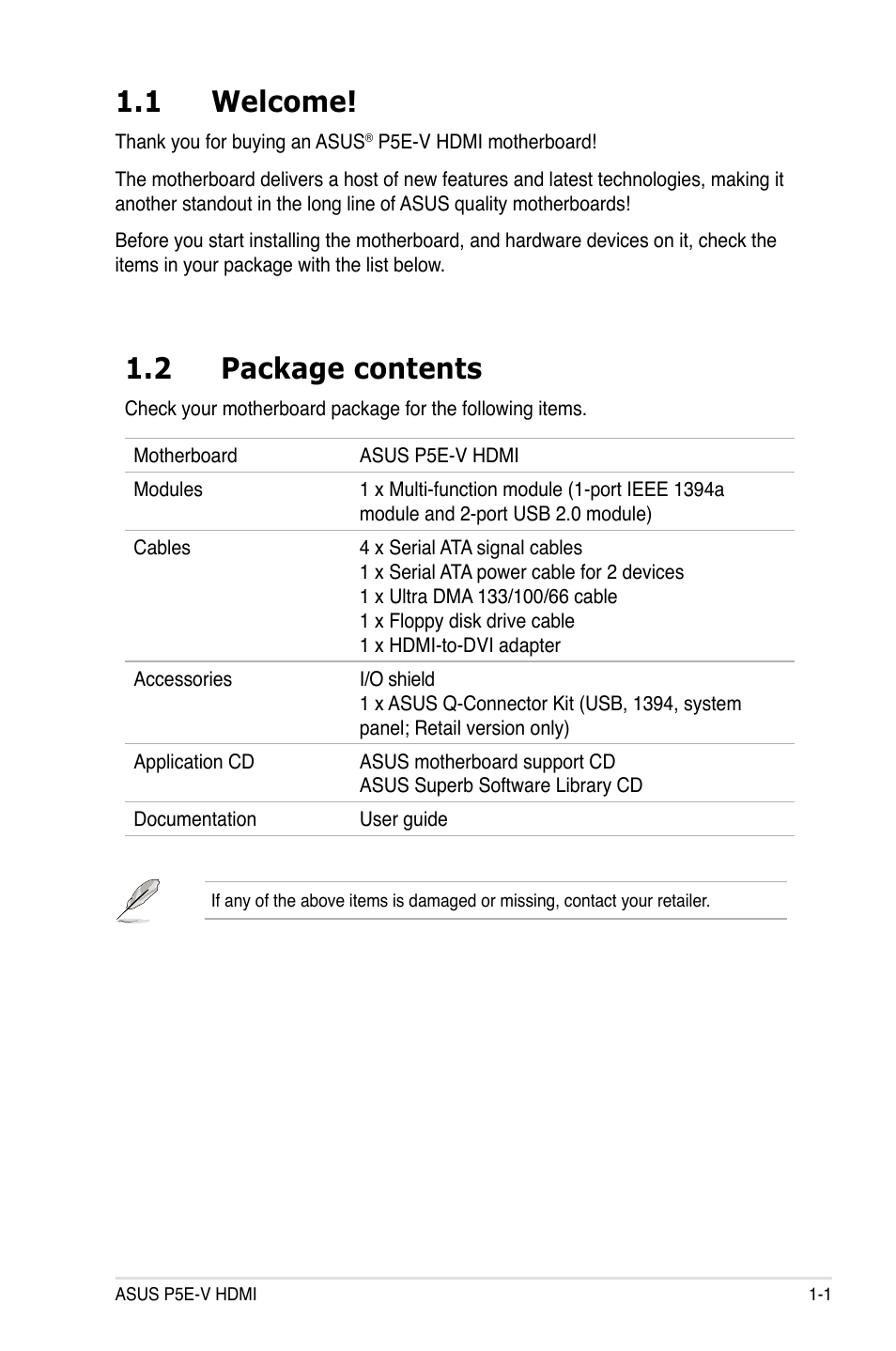 1 welcome, 2 package contents | Asus P5E-V HDMI User Manual | Page 17 / 162