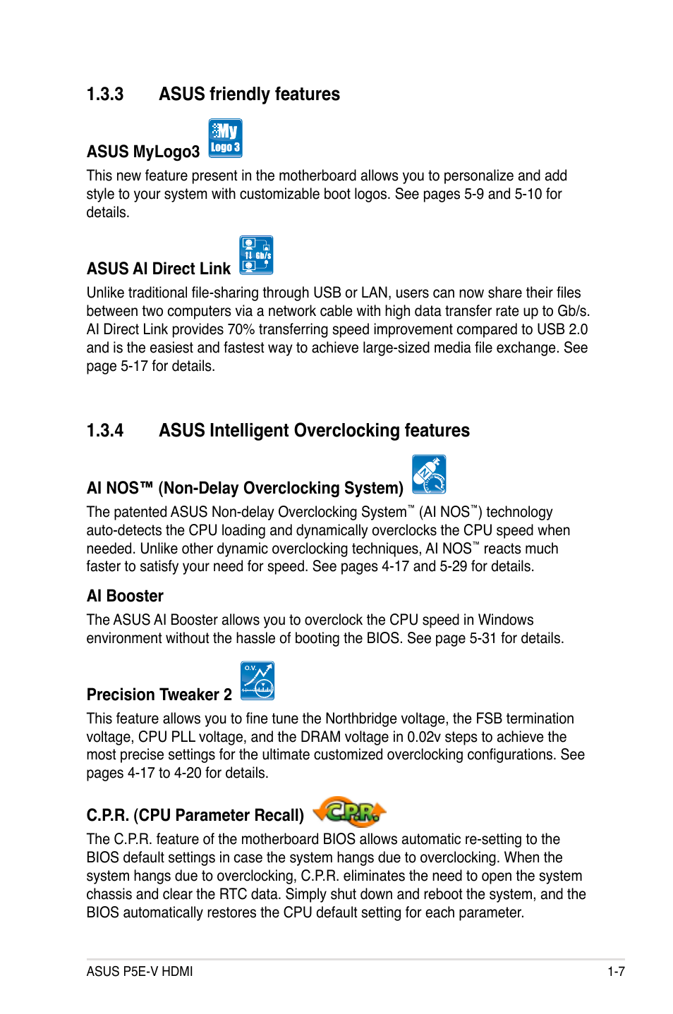 3 asus friendly features, 4 asus intelligent overclocking features | Asus P5E-V HDMI User Manual | Page 23 / 162