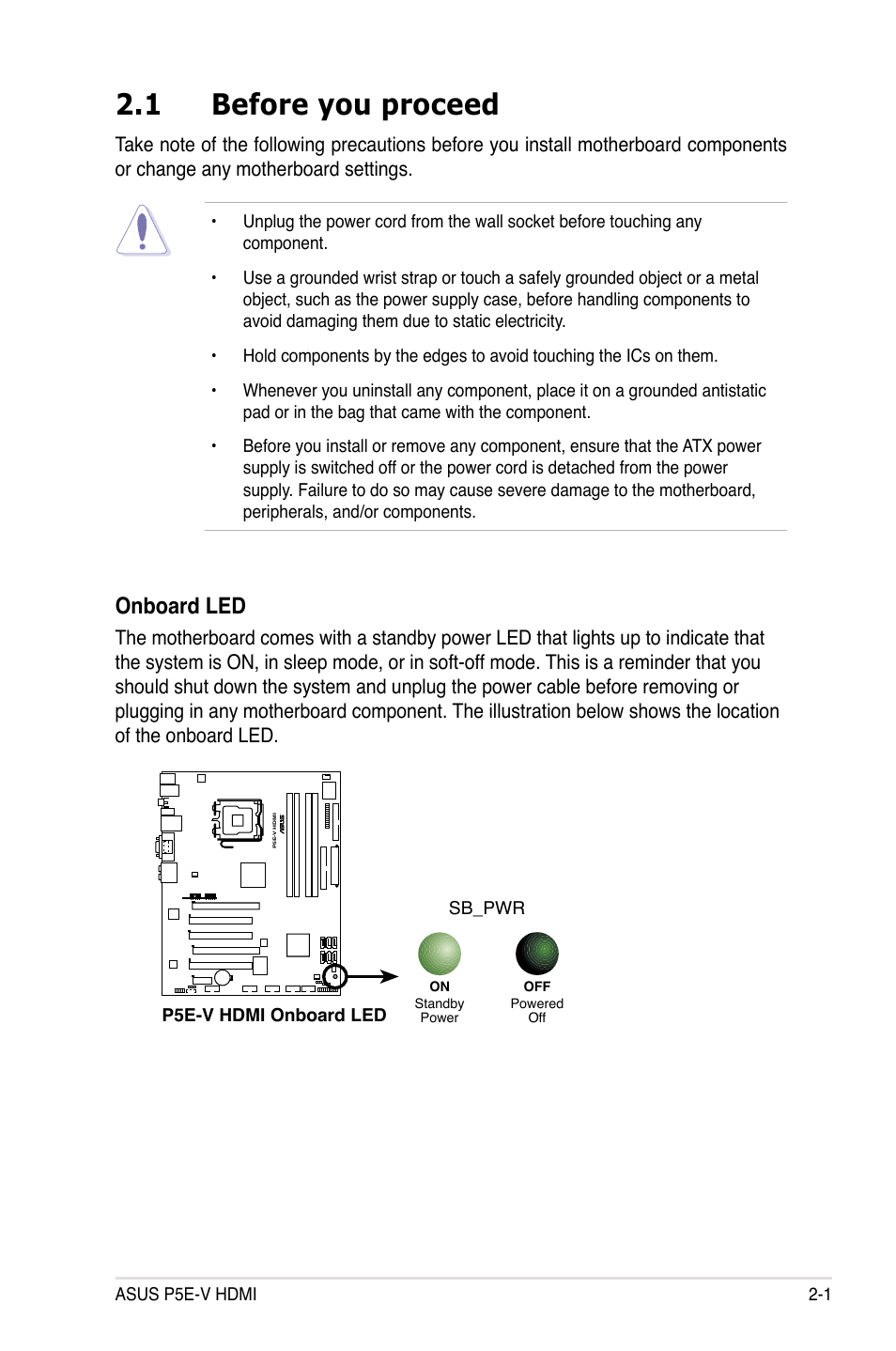 1 before you proceed, Onboard led | Asus P5E-V HDMI User Manual | Page 27 / 162