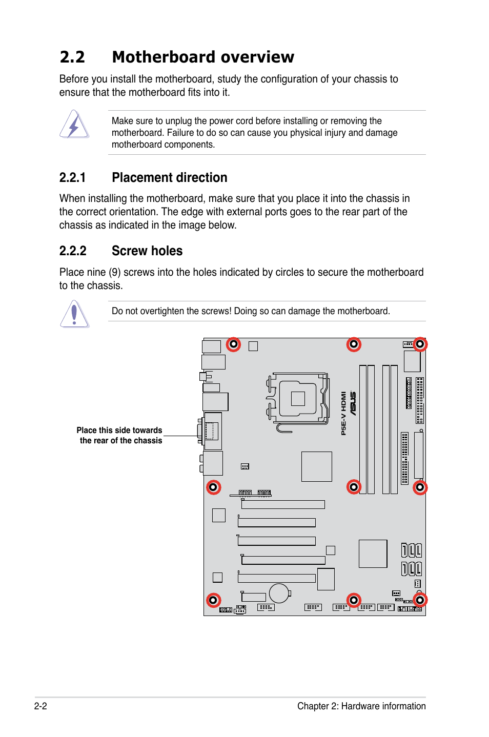 2 motherboard overview, 1 placement direction, 2 screw holes | Asus P5E-V HDMI User Manual | Page 28 / 162