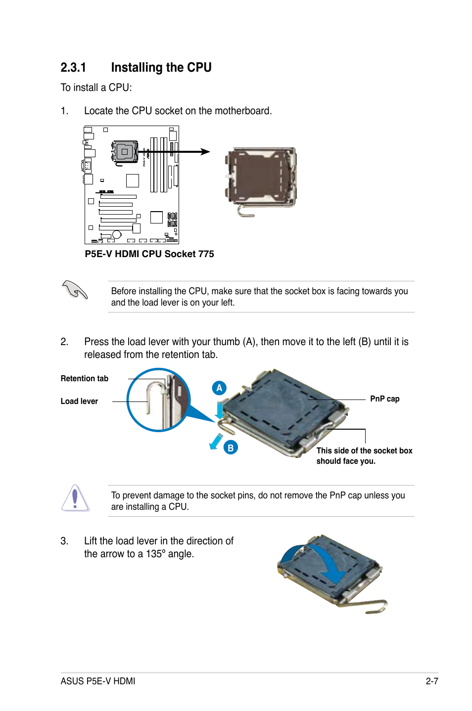 1 installing the cpu, Asus p5e-v hdmi 2-7, P5e-v hdmi cpu socket 775 | Asus P5E-V HDMI User Manual | Page 33 / 162