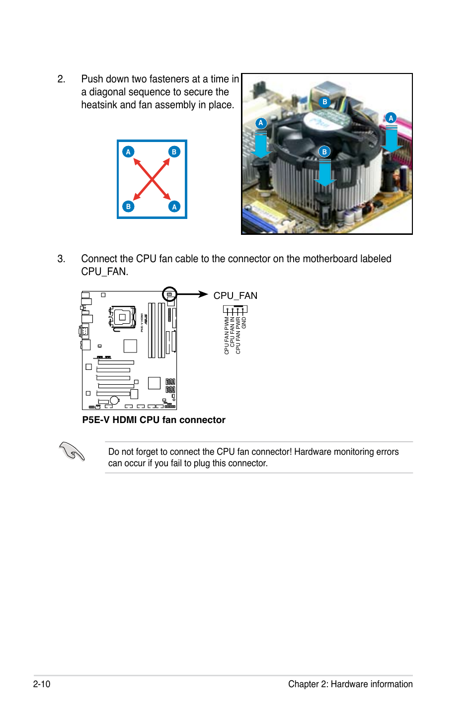 10 chapter 2: hardware information, P5e-v hdmi cpu fan connector cpu_fan | Asus P5E-V HDMI User Manual | Page 36 / 162