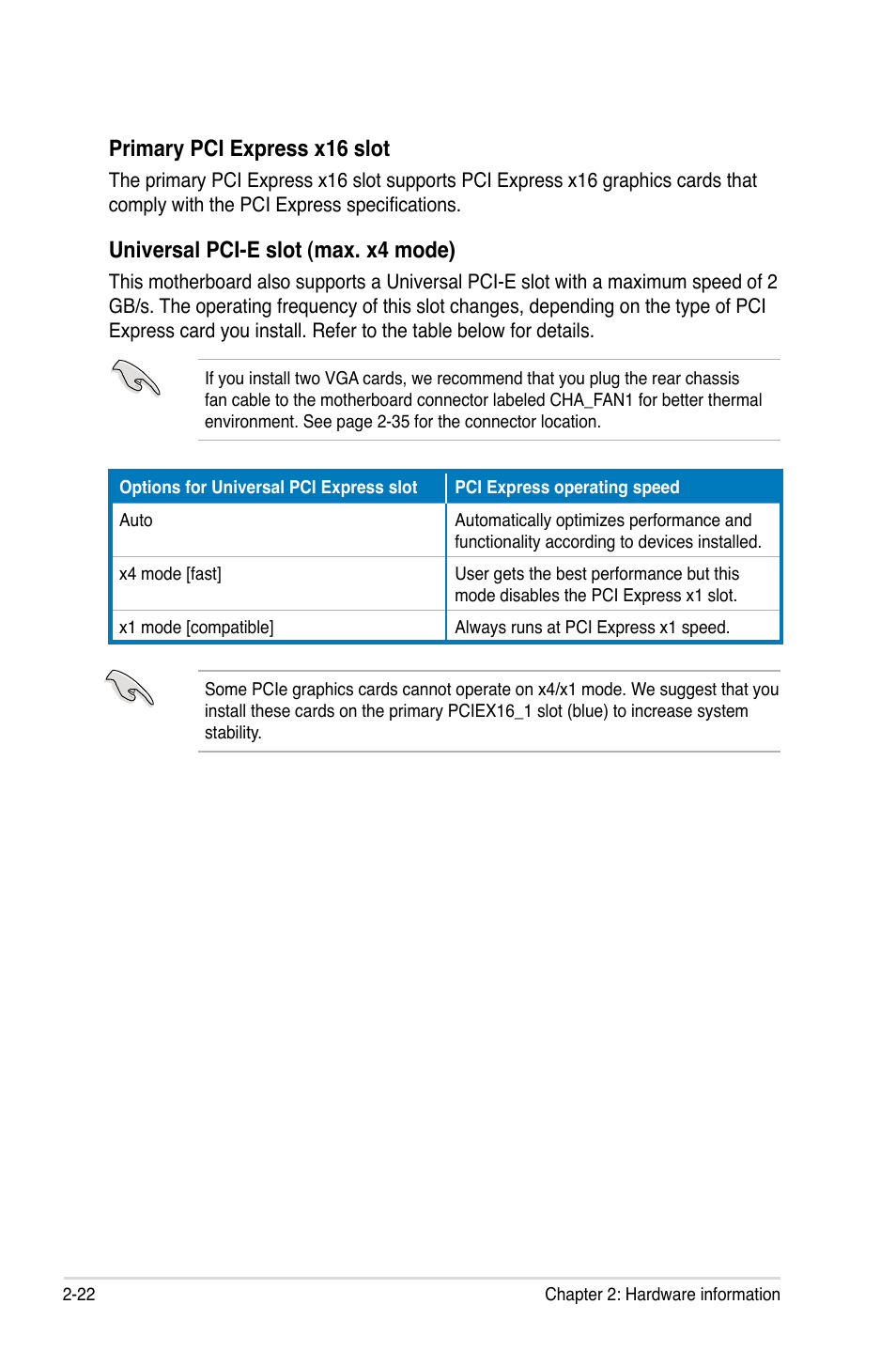 Primary pci express x16 slot, Universal pci-e slot (max. x4 mode) | Asus P5E-V HDMI User Manual | Page 48 / 162