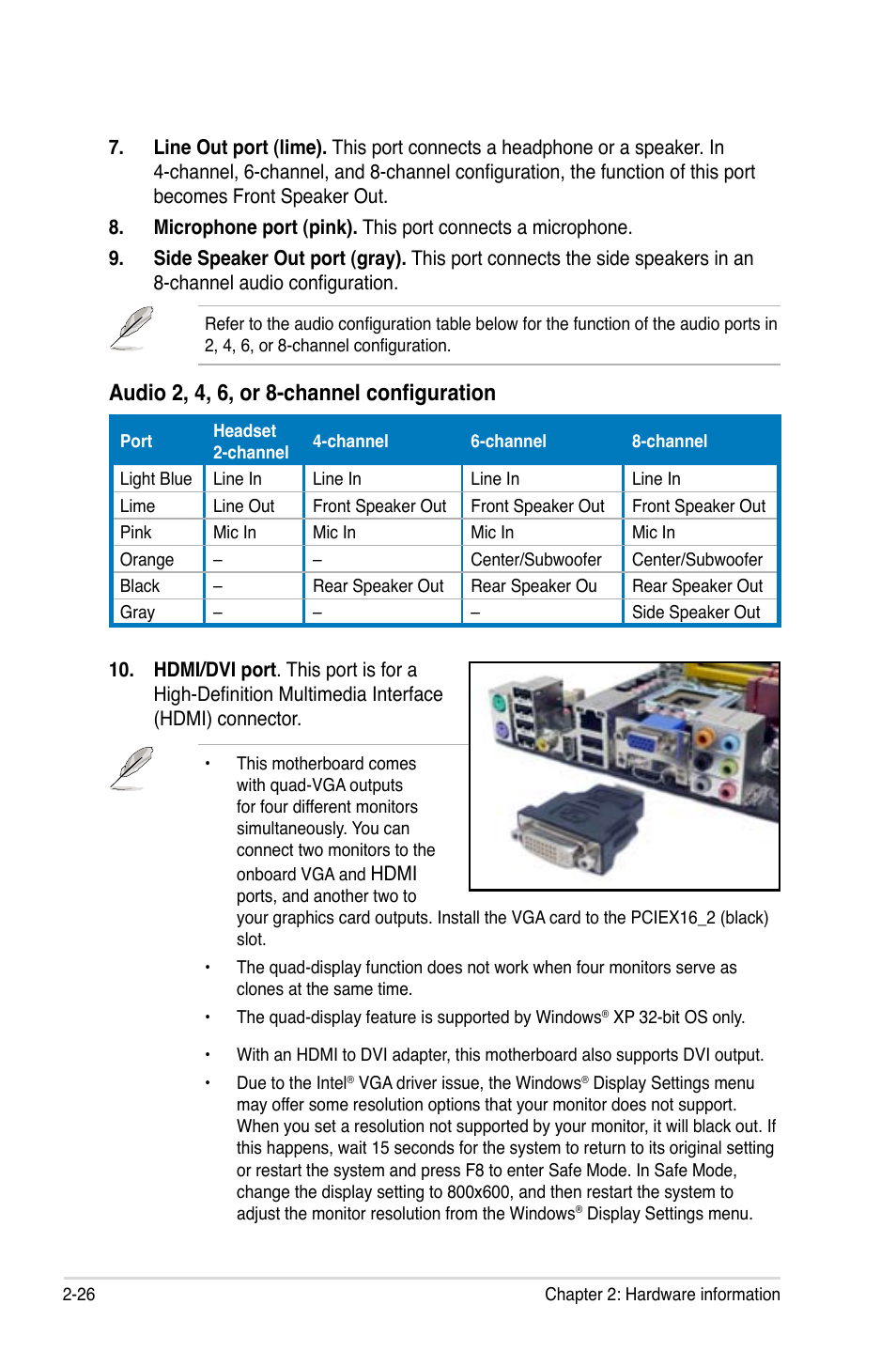Audio 2, 4, 6, or 8-channel configuration | Asus P5E-V HDMI User Manual | Page 52 / 162