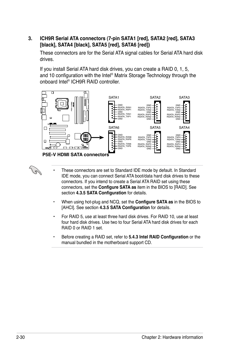 Ich9r raid controller, 30 chapter 2: hardware information, P5e-v hdmi sata connectors | Asus P5E-V HDMI User Manual | Page 56 / 162