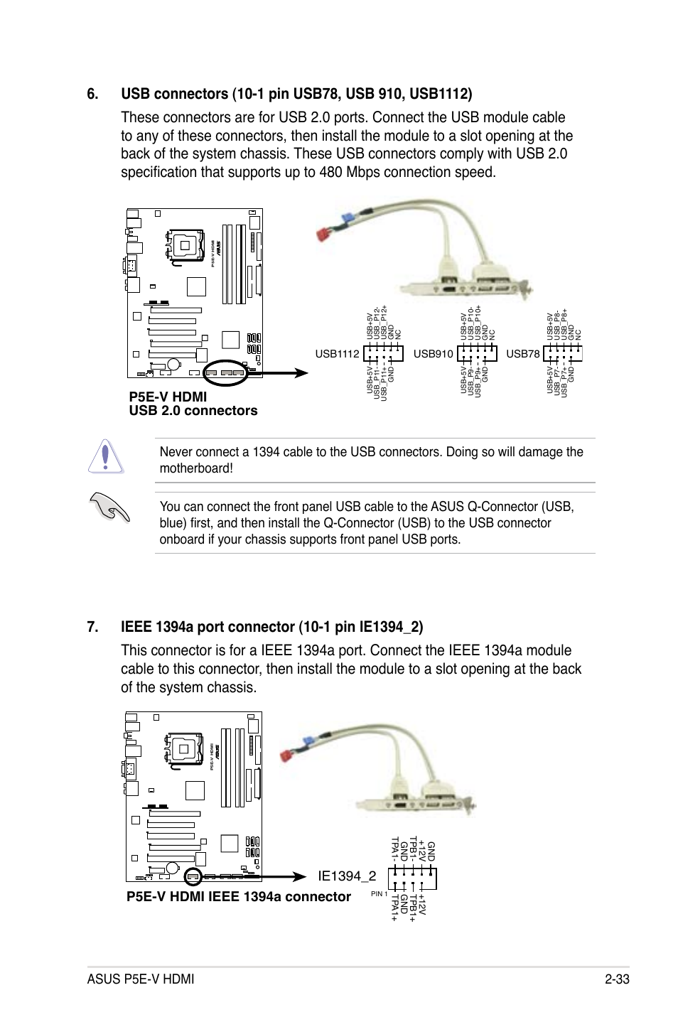 Asus p5e-v hdmi 2-33, P5e-v hdmi usb 2.0 connectors | Asus P5E-V HDMI User Manual | Page 59 / 162