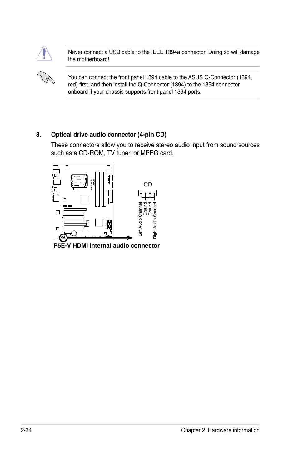 34 chapter 2: hardware information, P5e-v hdmi internal audio connector cd | Asus P5E-V HDMI User Manual | Page 60 / 162