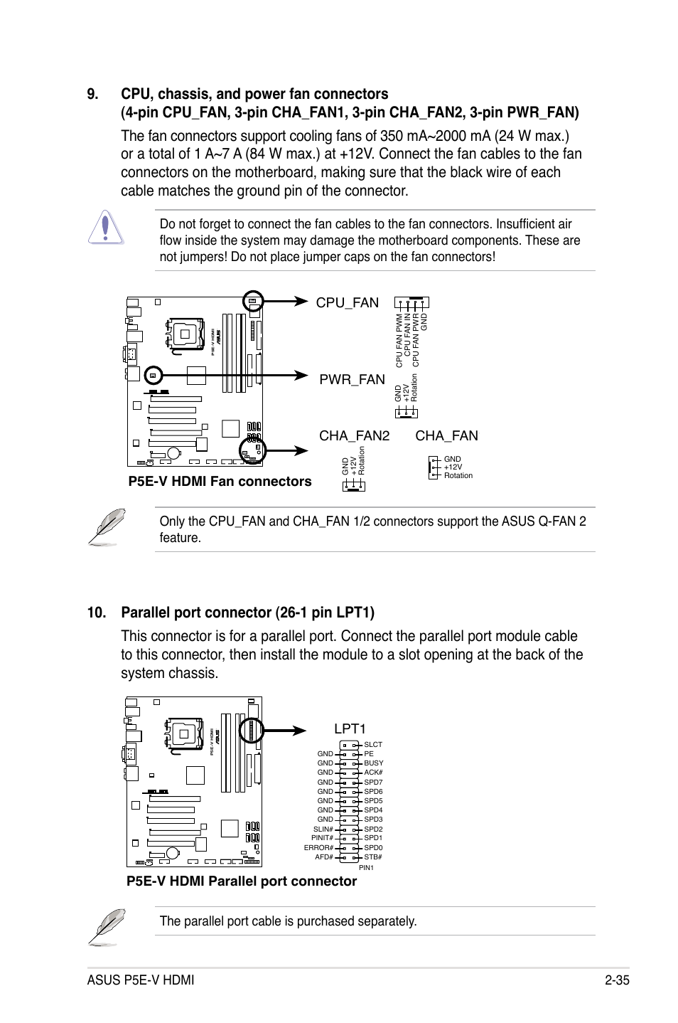 Asus p5e-v hdmi 2-35, The parallel port cable is purchased separately, P5e-v hdmi parallel port connector lpt1 | Asus P5E-V HDMI User Manual | Page 61 / 162