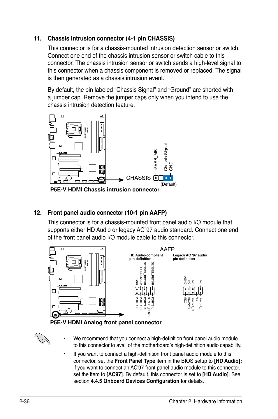 36 chapter 2: hardware information, P5e-v hdmi chassis intrusion connector chassis, P5e-v hdmi analog front panel connector aafp | Asus P5E-V HDMI User Manual | Page 62 / 162
