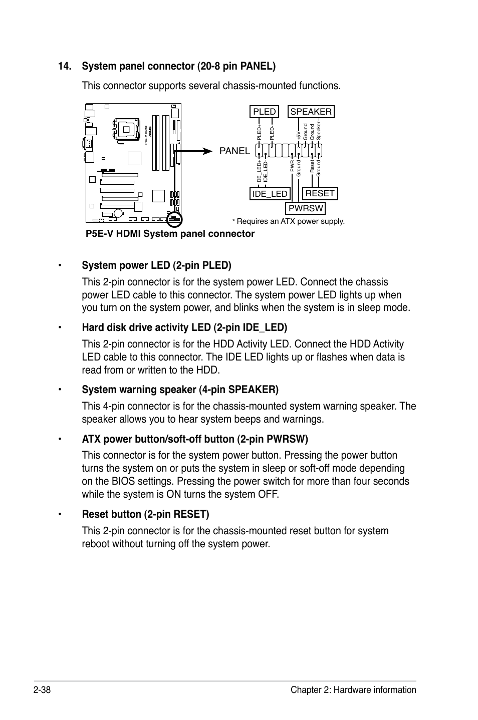 38 chapter 2: hardware information, P5e-v hdmi system panel connector, Panel | Asus P5E-V HDMI User Manual | Page 64 / 162