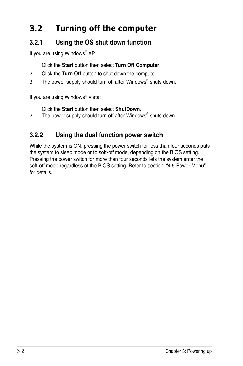 2 turning off the computer, 1 using the os shut down function, 2 using the dual function power switch | Asus P5E-V HDMI User Manual | Page 70 / 162