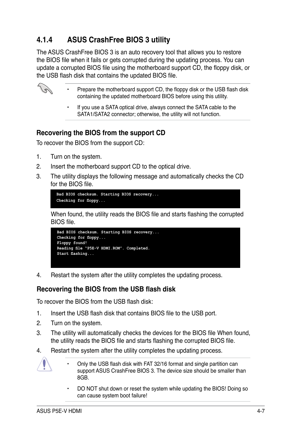 4 asus crashfree bios 3 utility, Recovering the bios from the support cd, Recovering the bios from the usb flash disk | Asus P5E-V HDMI User Manual | Page 79 / 162