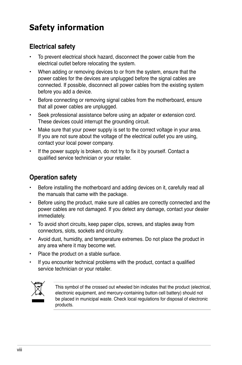 Safety information, Electrical safety, Operation safety | Asus P5E-V HDMI User Manual | Page 8 / 162