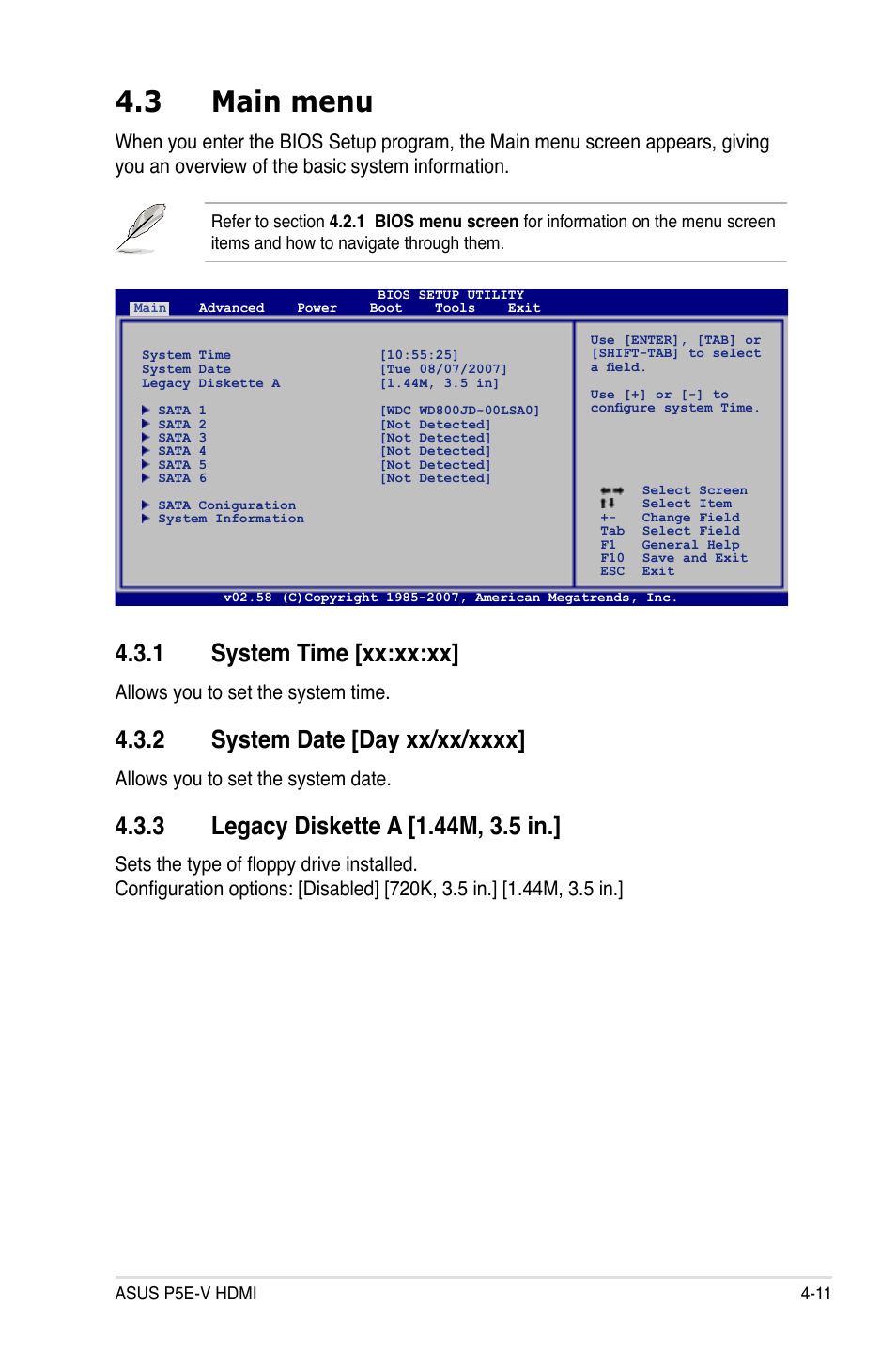 3 main menu, 1 system time [xx:xx:xx, Allows you to set the system time | Allows you to set the system date | Asus P5E-V HDMI User Manual | Page 83 / 162