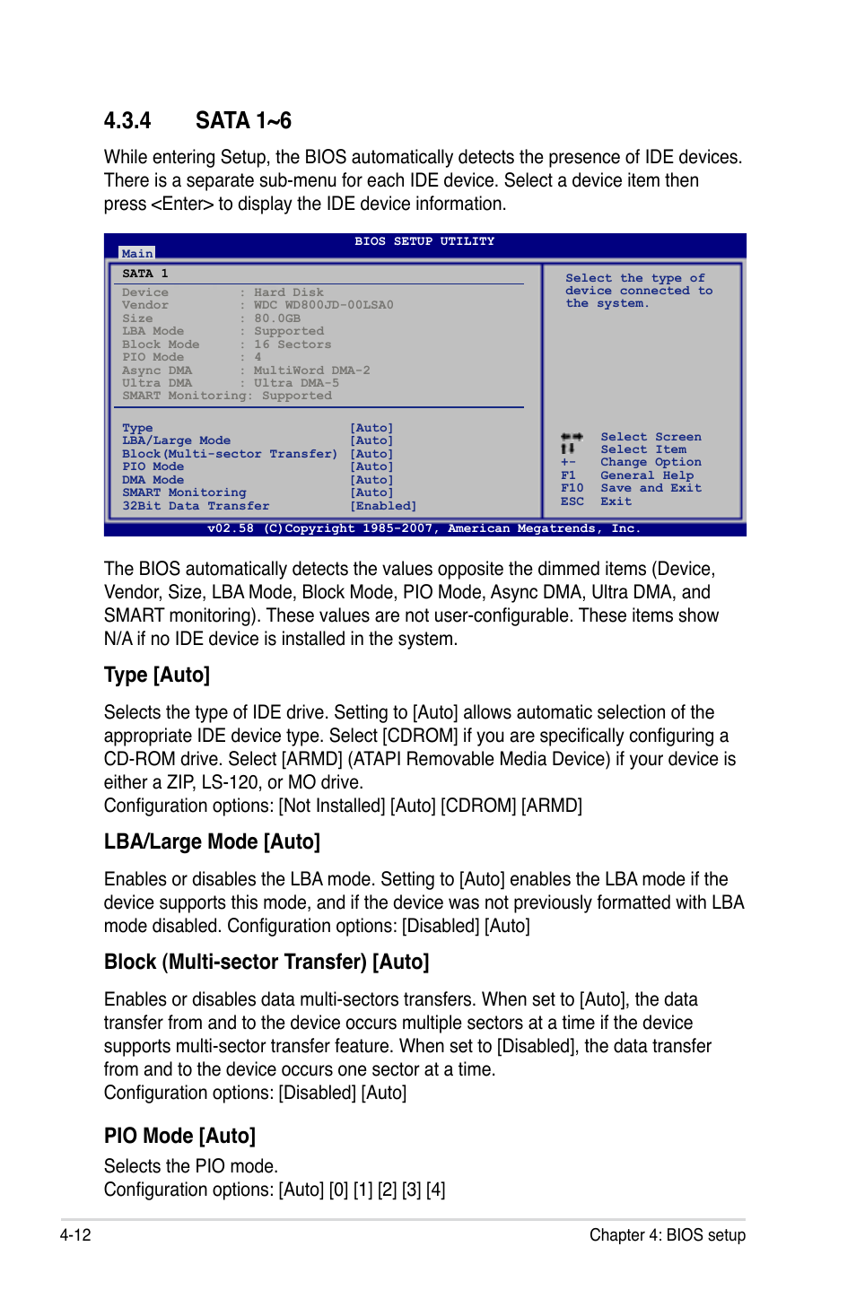 4 sata 1~6, Type [auto, Lba/large mode [auto | Block (multi-sector transfer) [auto, Pio mode [auto | Asus P5E-V HDMI User Manual | Page 84 / 162