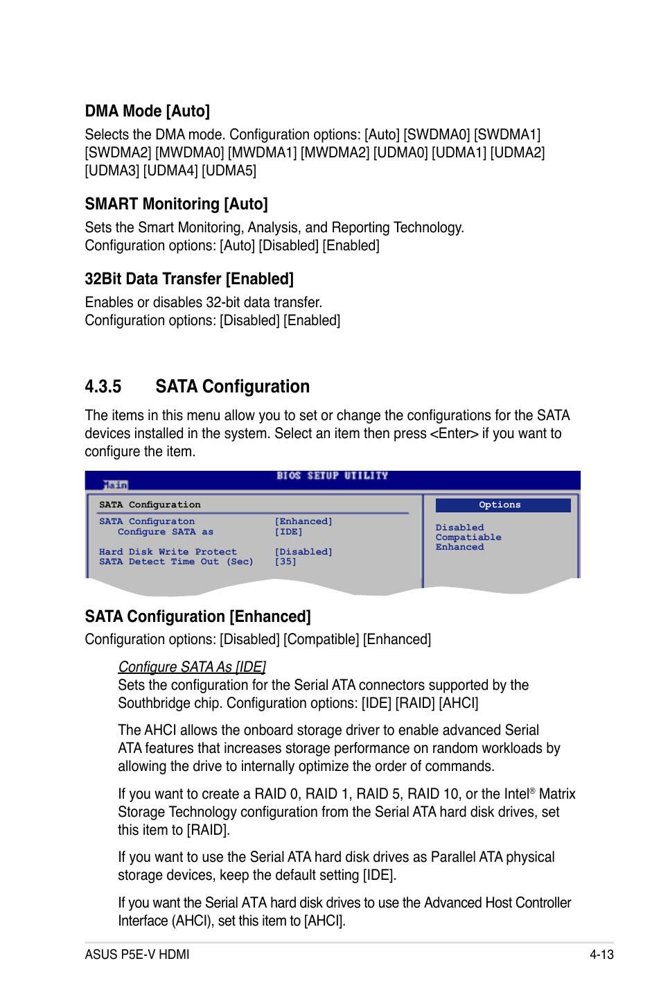 5 sata configuration, Dma mode [auto, Smart monitoring [auto | 32bit data transfer [enabled, Sata configuration [enhanced | Asus P5E-V HDMI User Manual | Page 85 / 162