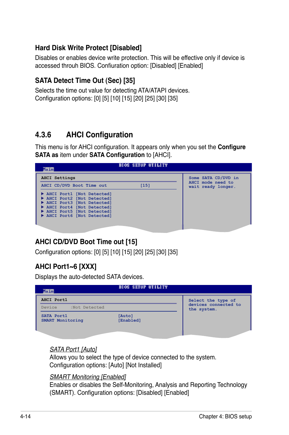 6 ahci configuration, Hard disk write protect [disabled, Sata detect time out (sec) [35 | Ahci cd/dvd boot time out [15, Ahci port1~6 [xxx | Asus P5E-V HDMI User Manual | Page 86 / 162