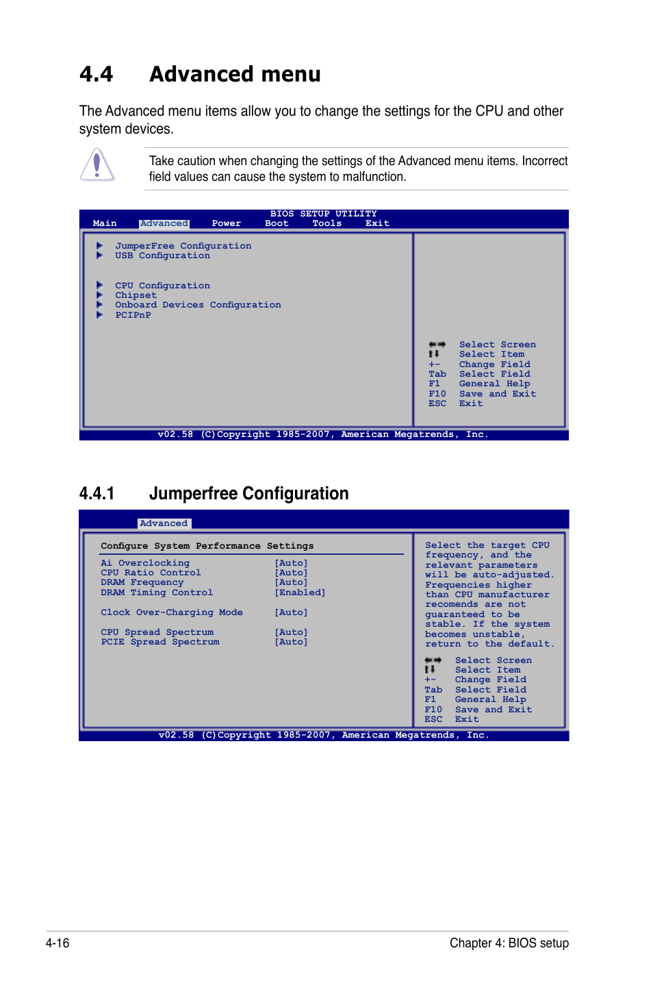 4 advanced menu, 1 jumperfree configuration, 16 chapter 4: bios setup | Asus P5E-V HDMI User Manual | Page 88 / 162