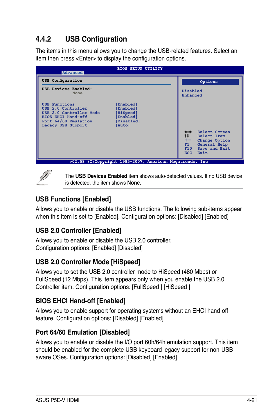 2 usb configuration, Usb functions [enabled, Usb 2.0 controller [enabled | Usb 2.0 controller mode [hispeed, Bios ehci hand-off [enabled, Port 64/60 emulation [disabled | Asus P5E-V HDMI User Manual | Page 93 / 162