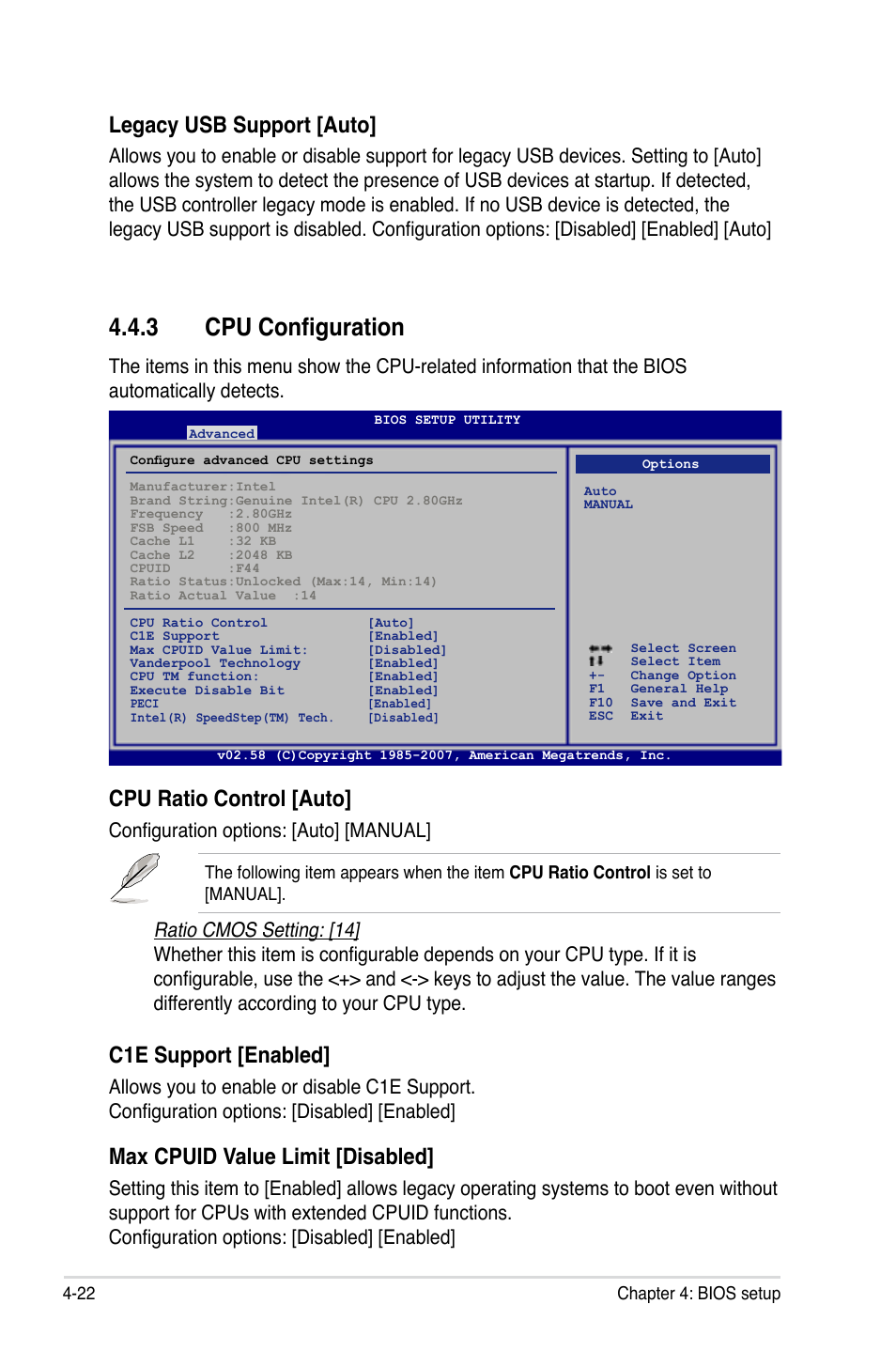 3 cpu configuration, Legacy usb support [auto, Cpu ratio control [auto | C1e support [enabled, Max cpuid value limit [disabled, Configuration options: [auto] [manual | Asus P5E-V HDMI User Manual | Page 94 / 162