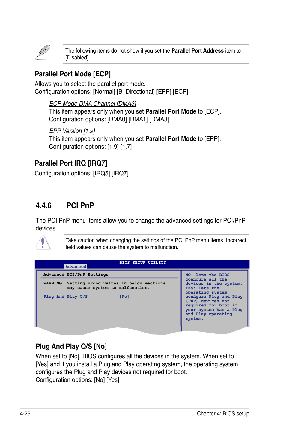 6 pci pnp, Plug and play o/s [no, Parallel port mode [ecp | Parallel port irq [irq7 | Asus P5E-V HDMI User Manual | Page 98 / 162