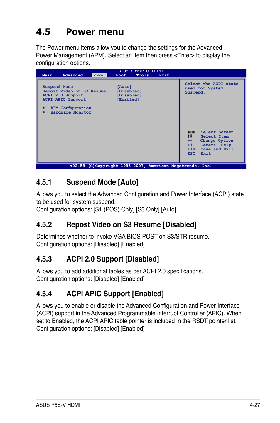 5 power menu, 1 suspend mode [auto, 2 repost video on s3 resume [disabled | 3 acpi 2.0 support [disabled, 4 acpi apic support [enabled | Asus P5E-V HDMI User Manual | Page 99 / 162