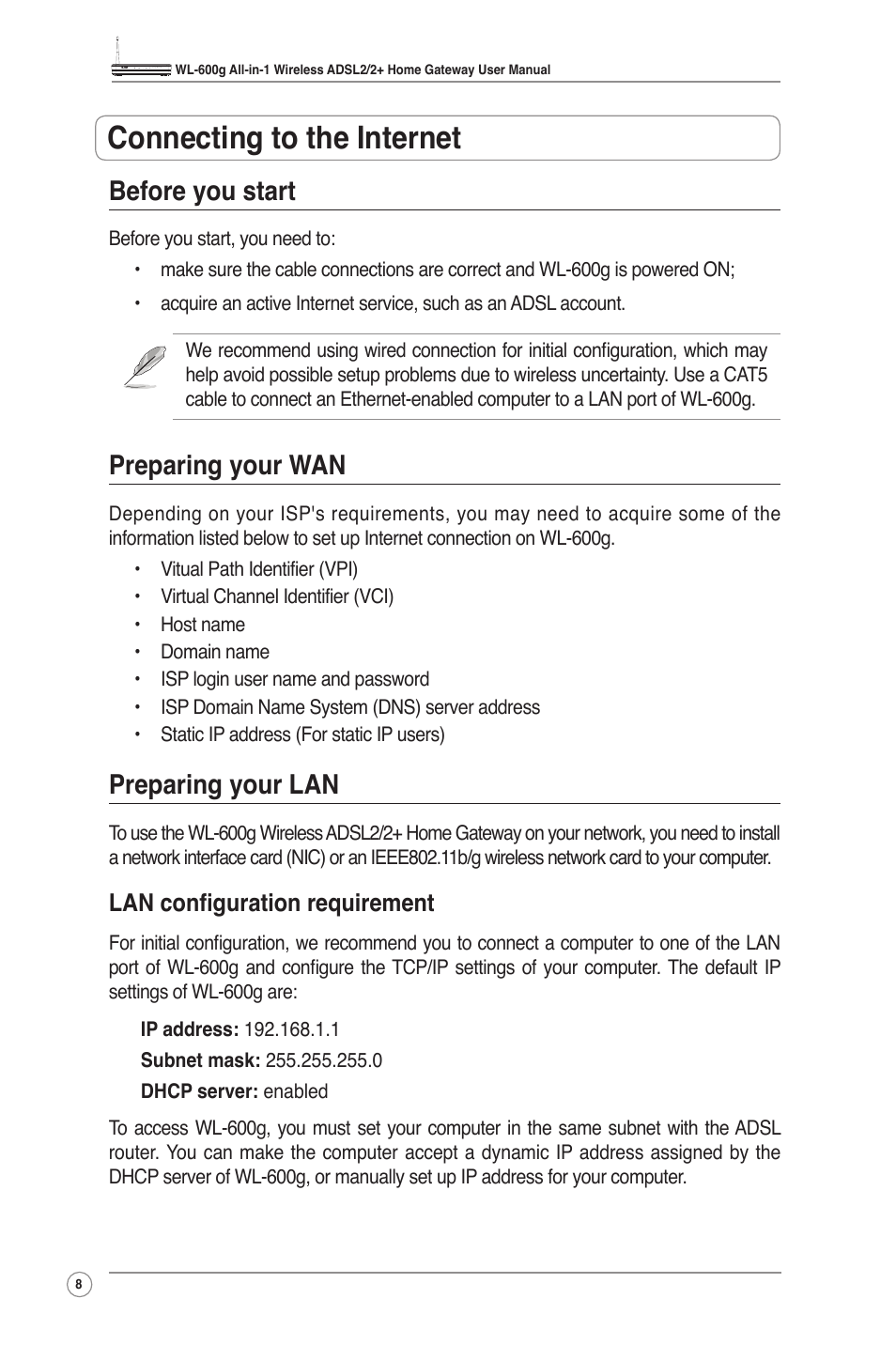 Connecting to the internet, Before you start, Preparing your wan | Preparing your lan, Lan configuration requirement | Asus WL-600g User Manual | Page 10 / 57