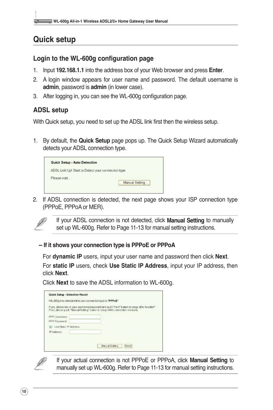 Quick setup | Asus WL-600g User Manual | Page 12 / 57