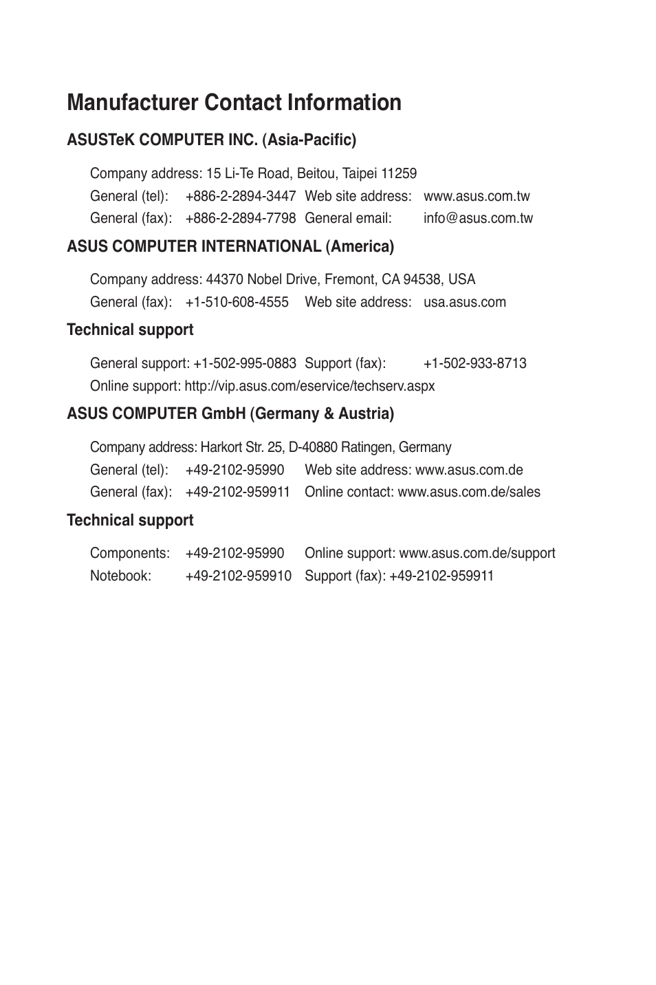 Manufacturer contact information | Asus WL-600g User Manual | Page 2 / 57