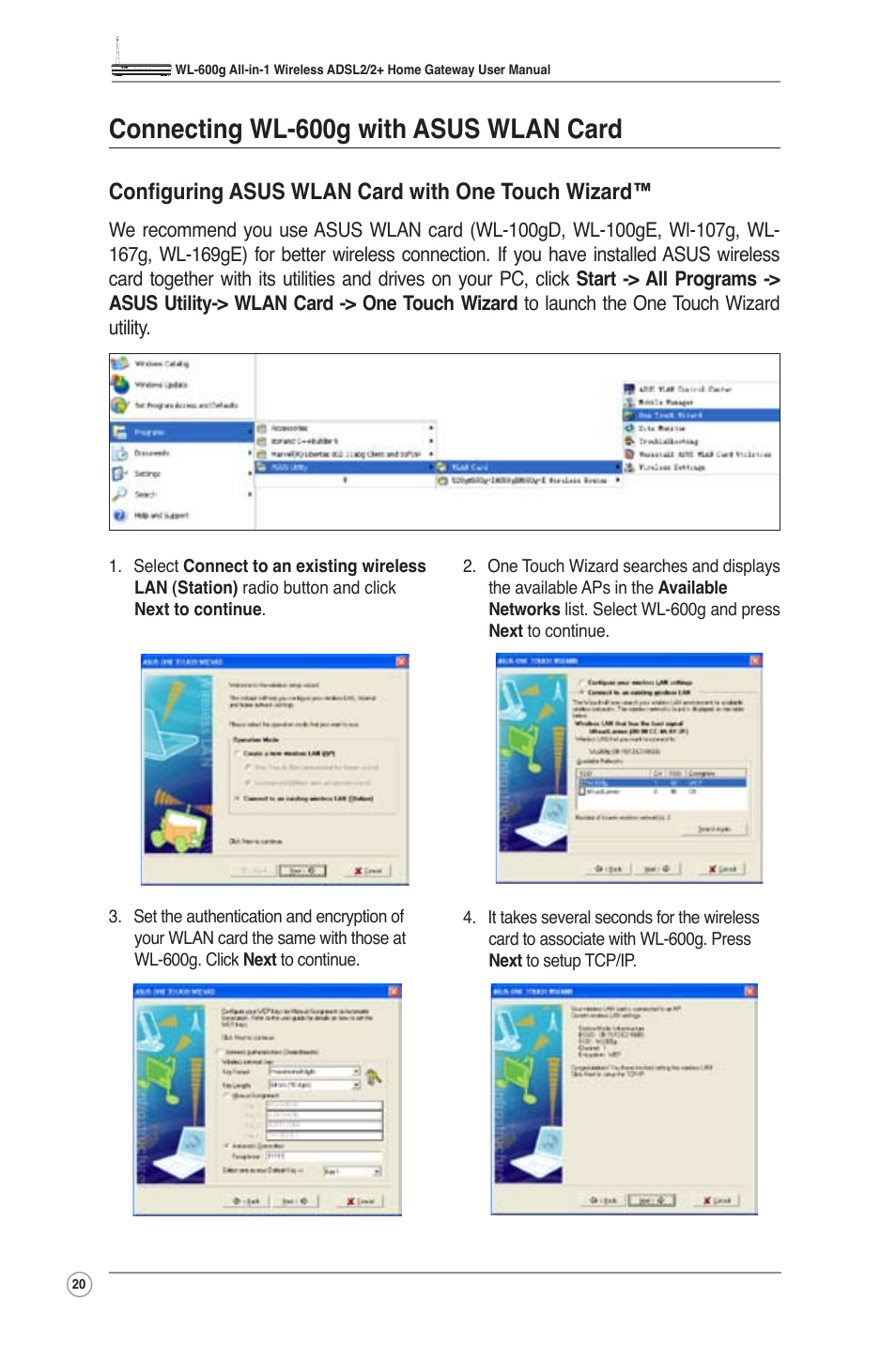 Connecting wl-600g with asus wlan card, Configuring asus wlan card with one touch wizard | Asus WL-600g User Manual | Page 22 / 57