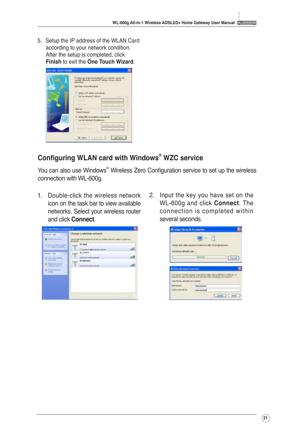 Configuring wlan card with windows, Wzc service | Asus WL-600g User Manual | Page 23 / 57