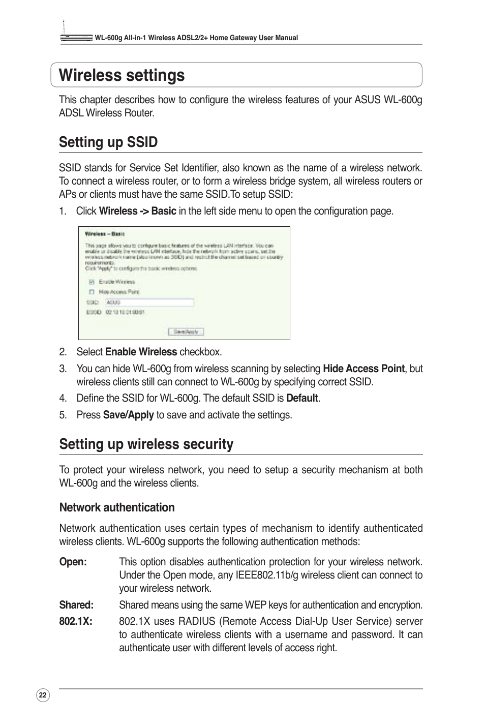 Wireless settings, Setting up ssid setting up wireless security, Setting up ssid | Setting up wireless security | Asus WL-600g User Manual | Page 24 / 57