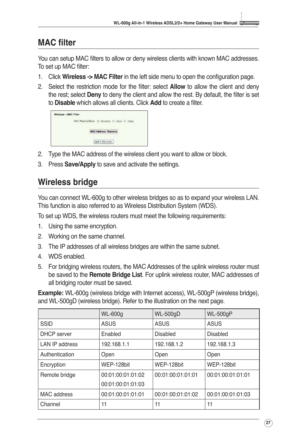 Mac filter wireless bridge, Mac filter, Wireless bridge | Asus WL-600g User Manual | Page 29 / 57