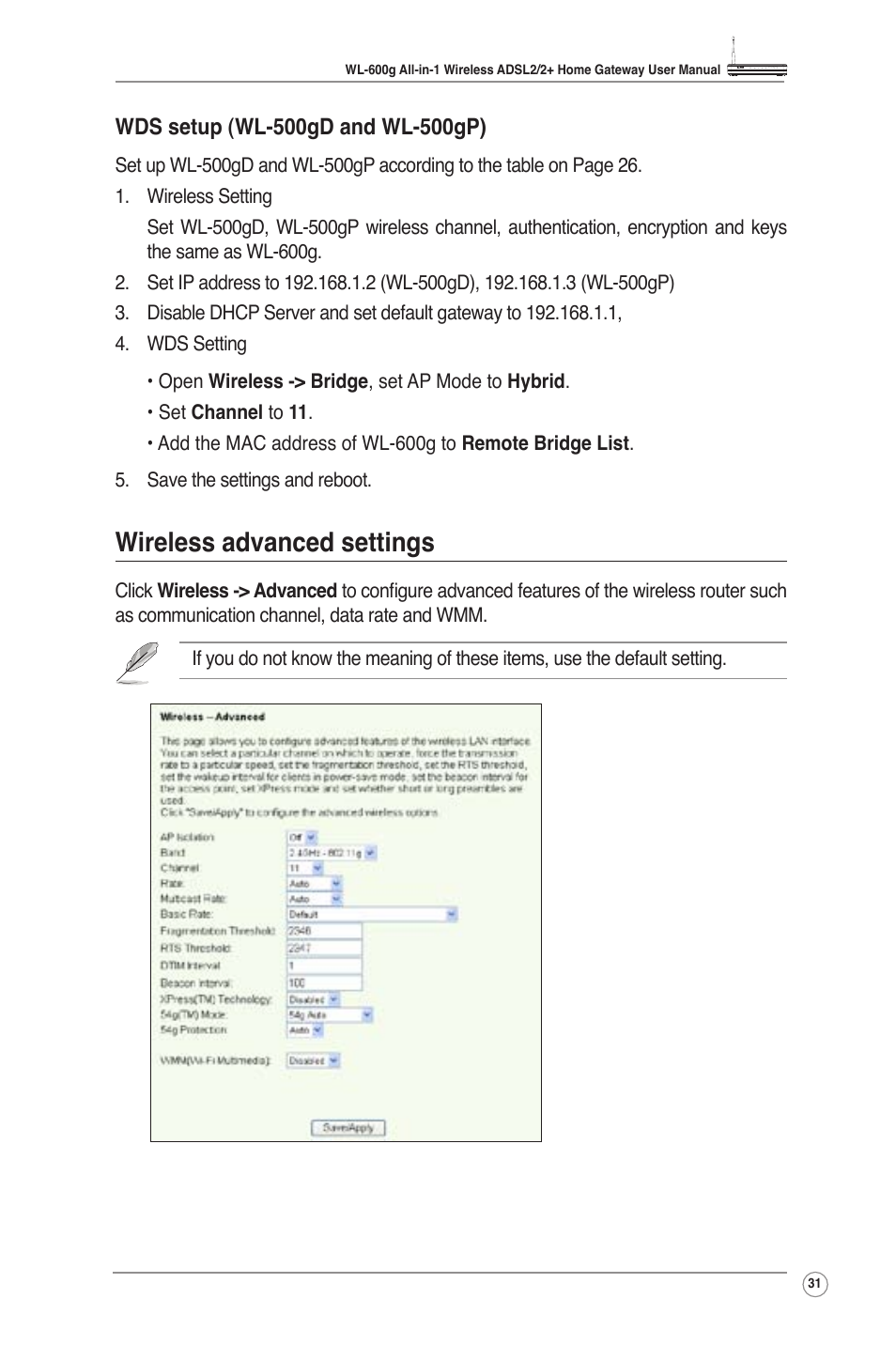 Wireless advanced settings | Asus WL-600g User Manual | Page 33 / 57