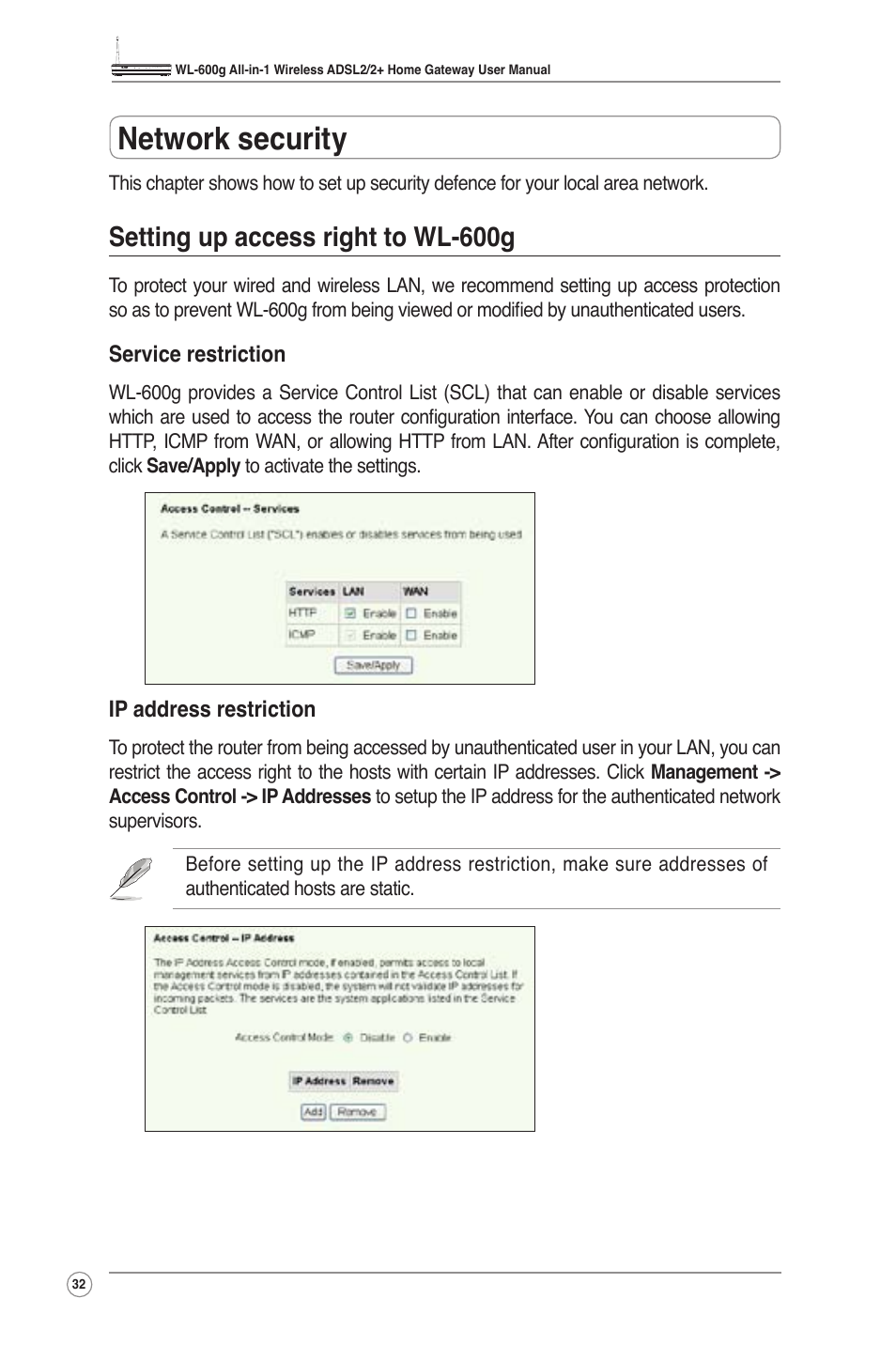 Network security, Setting up access right to wl-600g | Asus WL-600g User Manual | Page 34 / 57