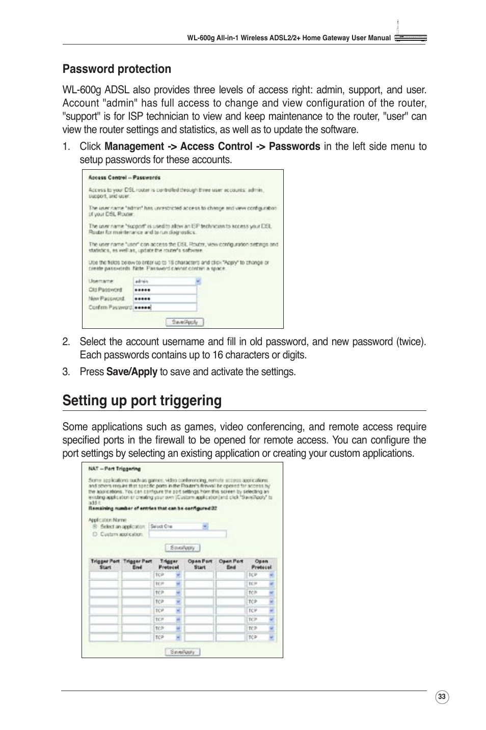 Setting up port triggering | Asus WL-600g User Manual | Page 35 / 57