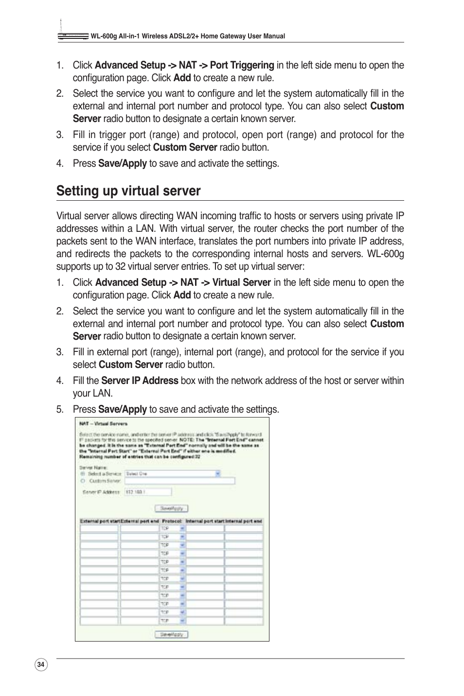 Setting up virtual server | Asus WL-600g User Manual | Page 36 / 57