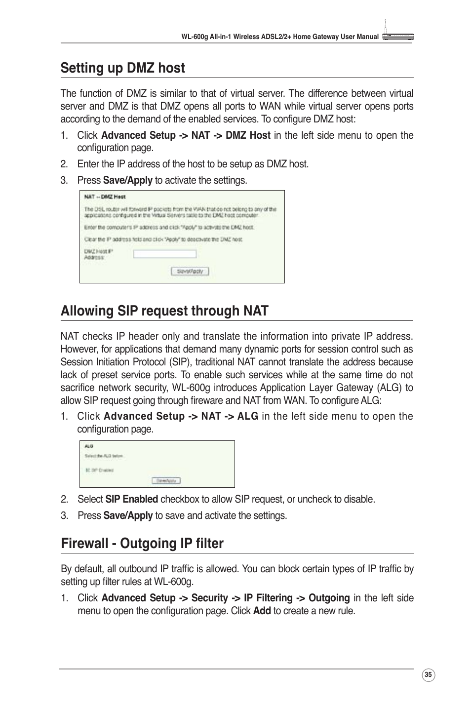 Setting up dmz host, Allowing sip request through nat, Firewall - outgoing ip filter | Asus WL-600g User Manual | Page 37 / 57