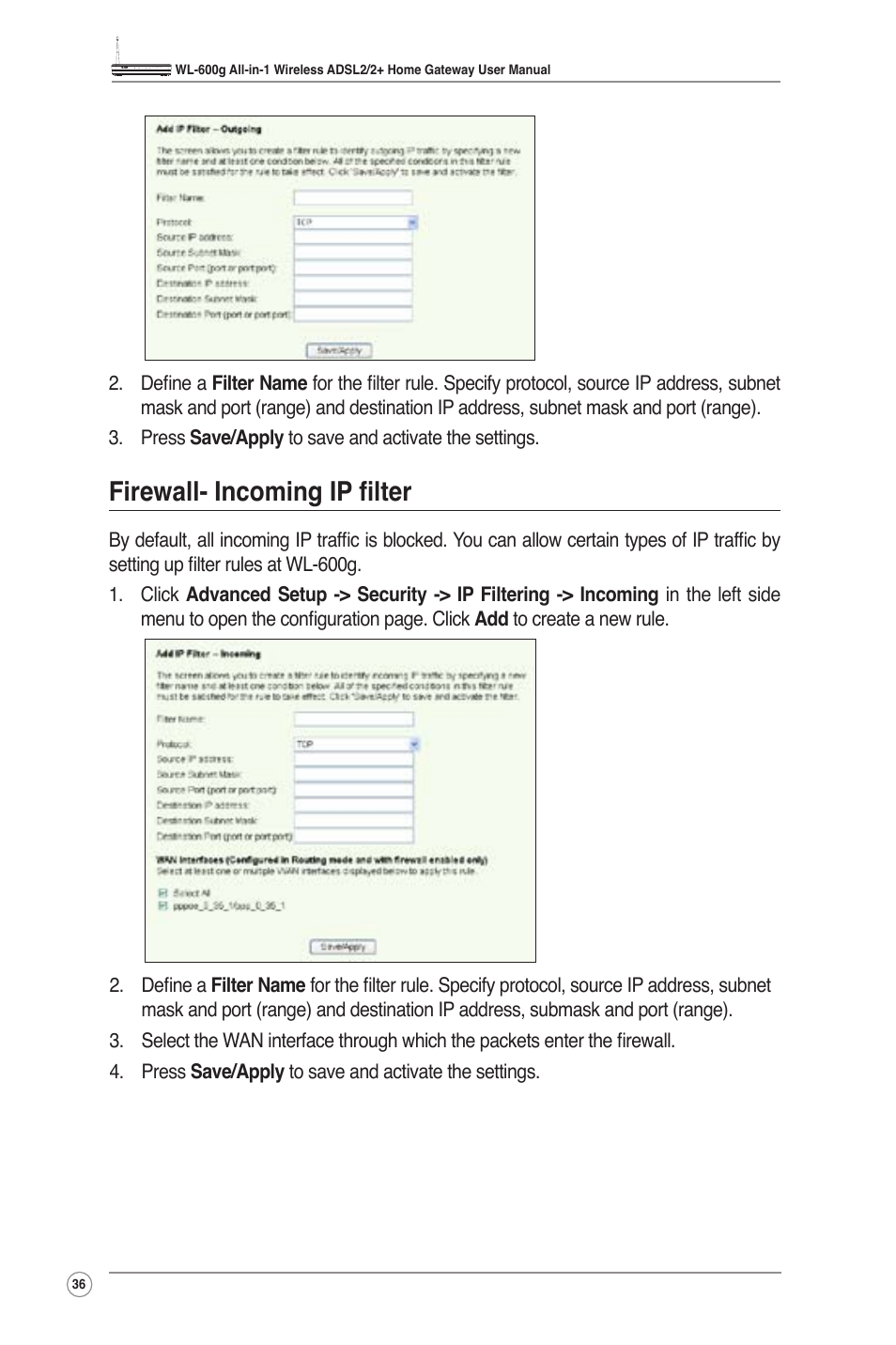 Firewall- incoming ip filter | Asus WL-600g User Manual | Page 38 / 57