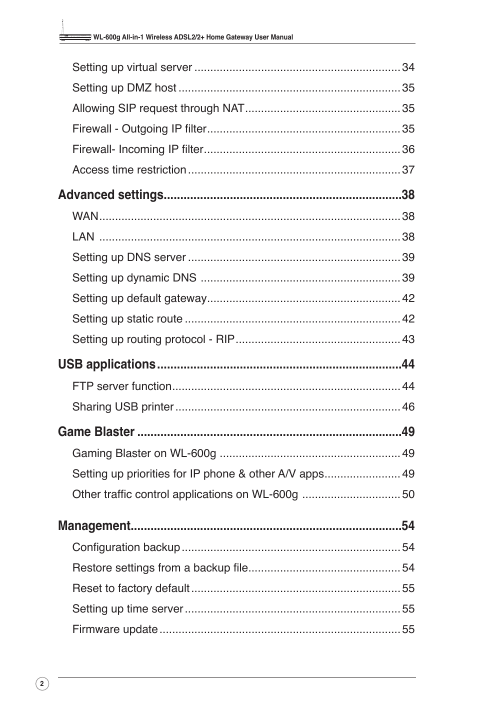 Advanced settings 8, Usb applications 4, Game blaster 9 | Management | Asus WL-600g User Manual | Page 4 / 57